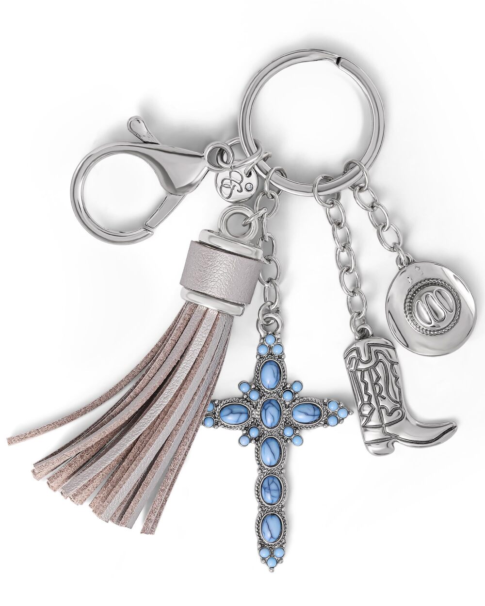 8702 Blue Turquoise Cross Keychain with Tassel and Western Charms, Cross